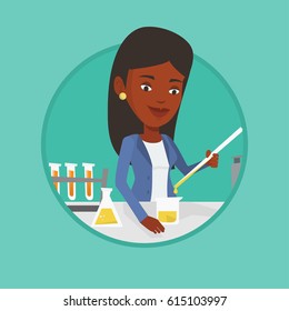 Student carrying out laboratory experiment. Student working with microscope at laboratory class. Girl experimenting in laboratory. Vector flat design illustration in the circle isolated on background.