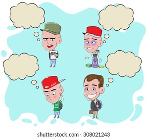 Student cartoon with bubble chat 1/ for vector cartoon in different poses with bubble chat, isolated on blue background.