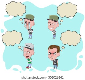 Student cartoon with bubble chat 3/ four vector cartoon in different poses with bubble chat, isolated on blue background.