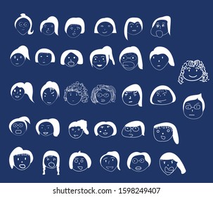 student cartoon character funny class room two tone base blue background white iconic  thirty person   two teacher funny classroom girl student  one male teacher in class school concept cartoon 