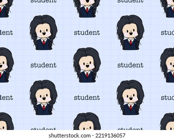 Student cartoon character seamless pattern on blue background
