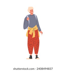 Student in casual clothes with backpack. Handsome smiling man standing with sweater tucked at waist isolated vector flat illustration. Cartoon youth friendly guy character, teenager portrait