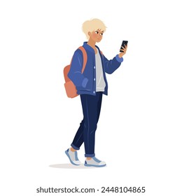 Student in casual clothing standing and using his smartphone. Male character with backpack holding a mobile phone in his hands and talking on it. isolated vector illustration on white background.