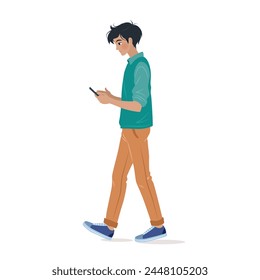 Student in Freizeitbekleidung zu Fuß und mit seinem Smartphone. Der männliche Charakter hält ein Handy in den Händen und liest Nachrichten. isolierte Vektorillustration auf weißem Hintergrund.