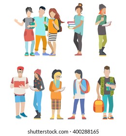 Student casual urban young people couple flat web infographics concept vector icon set. Group creative young male female people city university college students inhabitant.