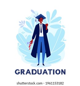 A student celebrating graduation, diploma. A person wears a graduation gown. Graduate ceremony. A vector cartoon illustration.