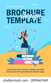 Student celebrating graduation. Girl in gown and cap with diploma dancing on books flat vector illustration. Graduate, education, college concept for banner, website design or landing web page