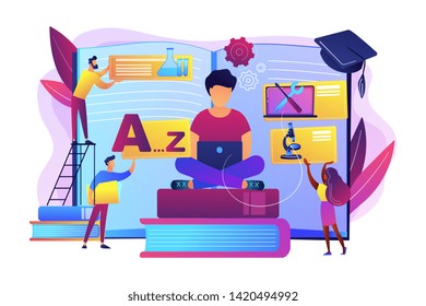 Student centered education, knowledge gaining, remote graduation. Bite-sized learning, learn at own pace, flexible learning process concept. Bright vibrant violet vector isolated illustration