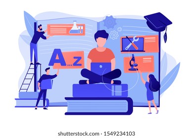 Student centered education, knowledge gaining, remote graduation. Bite-sized learning, learn at own pace, flexible learning process concept. Pinkish coral bluevector isolated illustration