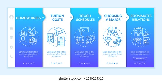 Student challenges onboarding vector template. University lifestyle difficulties. College life issues. Responsive mobile website with icons. Webpage walkthrough step screens. RGB color concept