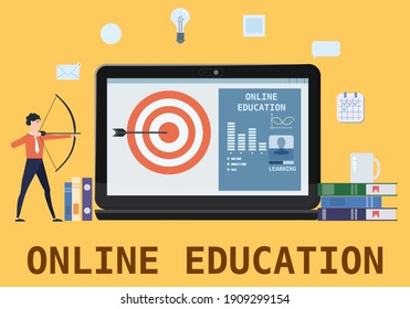 Student character archer select aim online education at home at computer. Web seminar, internet classes, professional courses, E-education. Flat cartoon vector illustration isolated