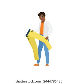 Student character choosing clothing. Student boy choose outfit flat vector illustration