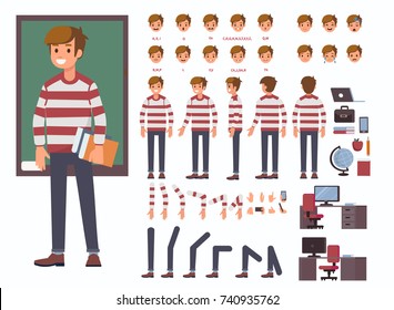 
Student  character constructor and objects for animation.  Set of various men's poses, faces, mouth, hands, legs. Flat style vector illustration isolated on white background.