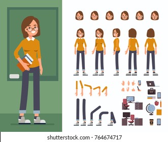 Student  character constructor and objects for animation.  Set of various women's poses, faces, hands, legs. Flat style vector illustration isolated on white background.