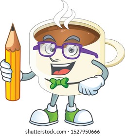 Student character cup coffee in cartoon mascot.