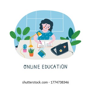 Student character at her desk studying online or doing homework with the help of a laptop. Vector illustration of distance learning concept in flat cartoon style.