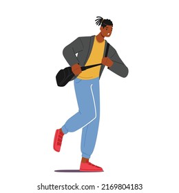 Student Character Late in University, Anxious Young Man with Shoulder Bag Hurry at Class due to Oversleep or Traffic Jam. Scholar Run, Stress Situation Concept. Cartoon People Vector Illustration