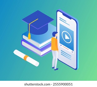 Student character learn online in front of mobile cell phone screen. Studying online education concept isometry. Distance learning concept future vector illustration.