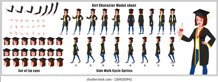 Student Character Model sheet with walk cycle animation. Flat character design. Front, side, back view animated character. character creation set with various views, face emotions,poses and gestures.