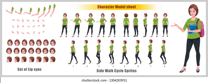 Student Character Model Sheet With Walk Cycle Animation. Flat Character Design. Front, Side, Back View Animated Character. Character Creation Set With Various Views, Face Emotions,poses And Gestures.
