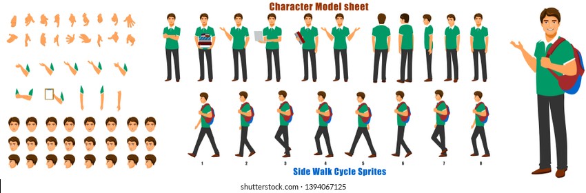 Student Character Model sheet with Walk cycle Animation. Flat character design. Front, side, back view animated character. character creation set with various views, face emotions,poses and gestures.