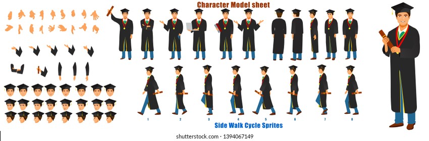 Student Character Model sheet with Walk cycle Animation. Student character design. Front, side, back view animated character. character creation set with various views, face emotions,poses and gesture