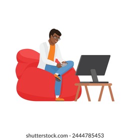 Student character playing video games. Student boy in armchair in front of tv screen cartoon vector illustration