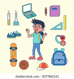 Student character and school supplie such as textbook, book, eraser, pencil, test tube, shoe, skateboard, basketball, hat, cap, backpack, ruler, headphone, 