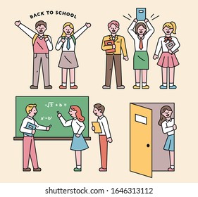 Student character in school uniform. Learning with friends in the classroom flat design style minimal vector illustration.