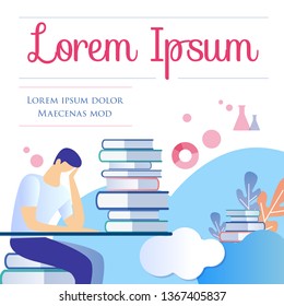 Student Character Sitting at Table Head Up with Big Stack of Books Studying at Home on Abstract Background. University, College Learning Infographics. Cartoon Flat Vector Illustration. Square Banner