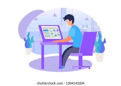 Student Character Sitting at Table with Laptop and Studying at Home. Domestic Interior Background. University, College Infographics. Online Learning. Purple and Blue Colors. Flat Vector Illustration.