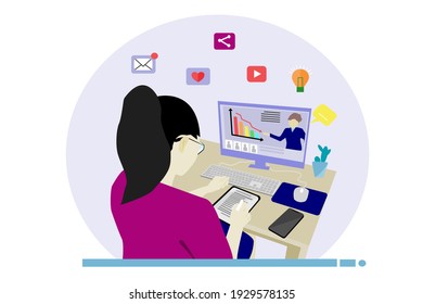 Student character studies on computer. E-learning banner. Online education, home schooling. Modern workplace teacher on laptop screen, woman watching online course. Web courses or tutorials concept