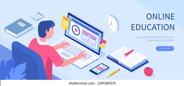 Student character study at computer. Can use for web banner, infographics, hero images. Flat isometric vector illustration isolated on white background.