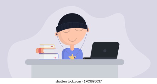 Student character study at computer. Can use for web banner, infographics, hero images. Flat isometric vector illustration isolated on white background.