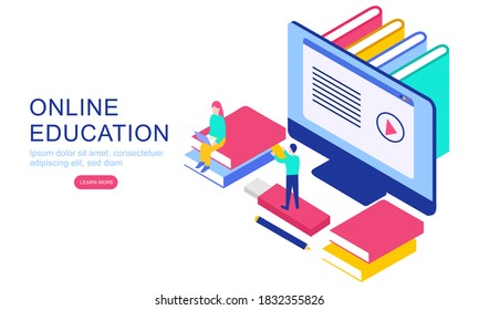 Student character study at computer, flat isometric concept.