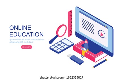 Student character study at computer, flat isometric concept.