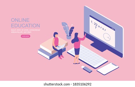 Student character study at computer, flat isometric concept.