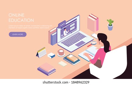 Student character study at computer, flat isometric concept.
