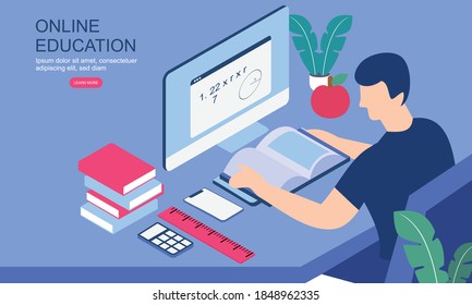 Student character study at computer, flat isometric concept.