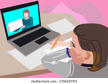 Student character study at computer. Schoolgirl studying homework during her online lesson at home, social distance during quarantine, self-isolation, online education concept, home schooler