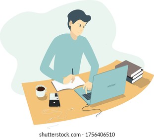 Student character study at home online using a laptop. Flat vector design illustration. Use for infographics, backgrounds.