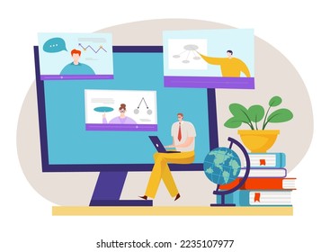 Student character study home online education, college internet remote obtain university knowledge flat vector illustration, isolated on white.