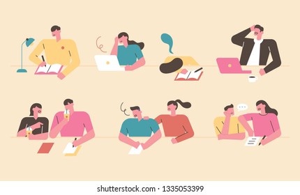 A student character studying in a library of various situations. flat design style minimal vector illustration A student character studying in a library of various situations. flat design style minimal vector illustration