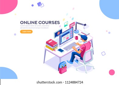 Student character studying and thinking sitting at desk and writing university exam. College infographics with teaching man with isometric school homework reading a test. Flat Isometric illustration.