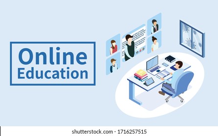 Student Character Studying And Thinking Sitting At Desk With Video Conference, Outside Window Is Virus Cells, Isometric COVID-19 Vector.