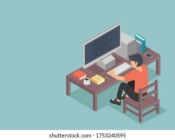 Student character studying and thinking sitting at desk Concept