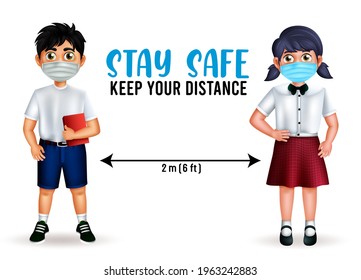 Student character vector design. Stay safe text with student 3d characters wearing face mask in social distancing for educational new normal pandemic prevention. Vector illustration