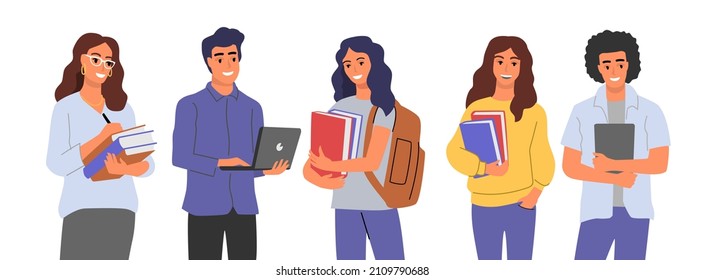 Student character vector. People with books and backpacks.