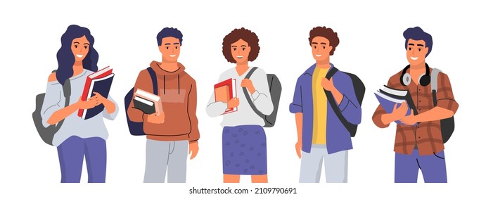 Vector de caracteres estudiantil. Personas con libros y mochilas.