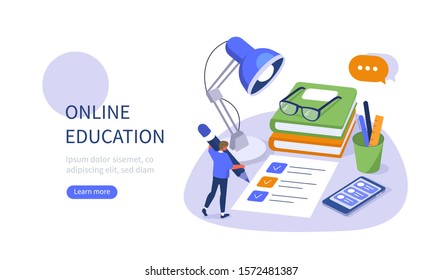 Student Character Writing Notes at Desk with Smartphone, Books and Other Studying Supplies. Boy Preparing to Exam and Making Test. Education and Learning Concept. Flat Isometric Vector Illustration.